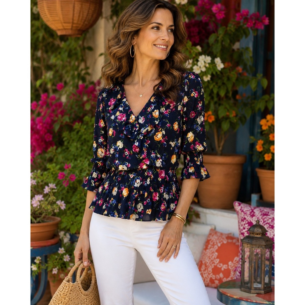 Lauren Ralph Lauren Blouse Womens 1X Navy Blue Floral Smocked Peplum Top